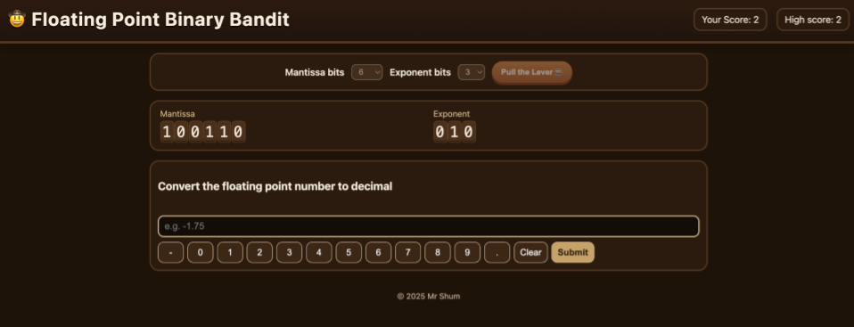 Screenshot for Floating Point Binary Bandit